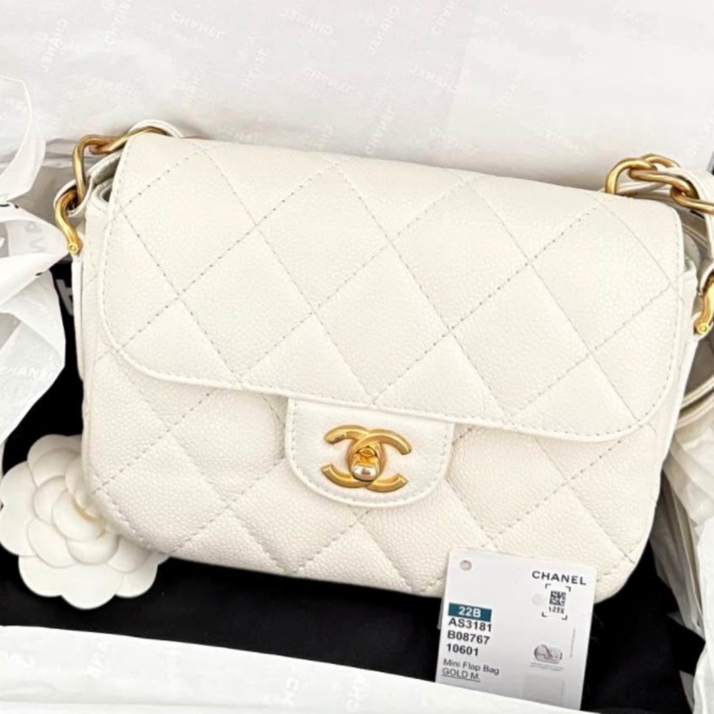 Chanel White Caviar Mini Flap Bag | Gold Hardware | Full Set